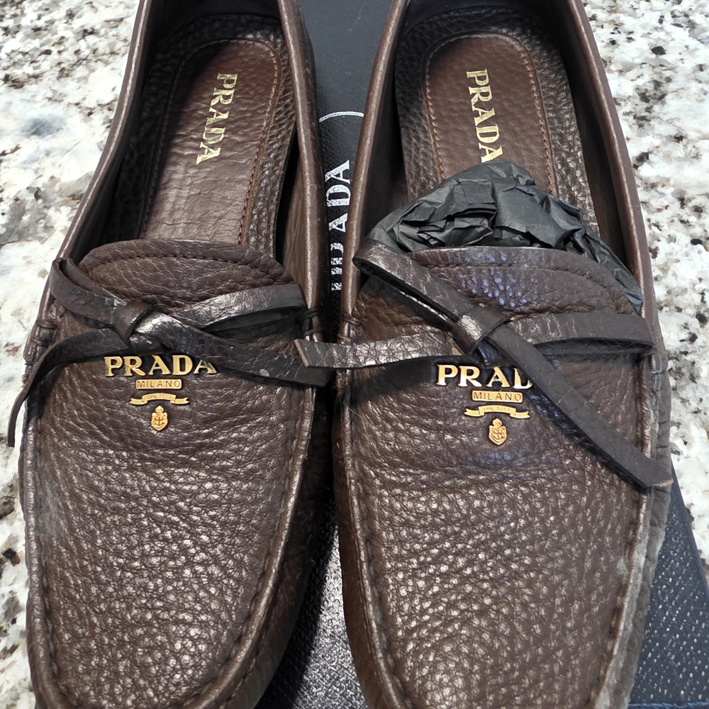 Prada Brown Leather Loafers with Gold Logo
